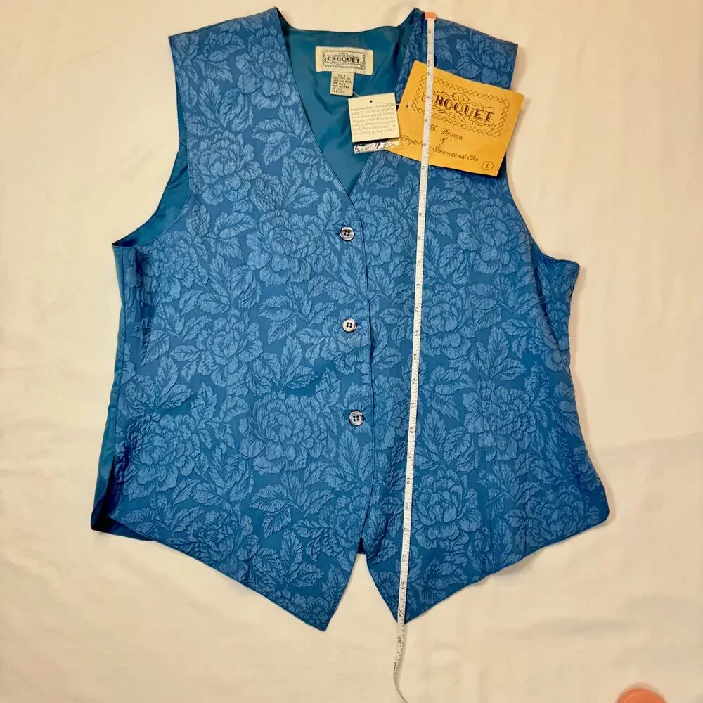 NWT Deadstock Boho Croquet Club VTG Floral Vest Blue 100% Silk Women’s Large - Picture 5 of 12
